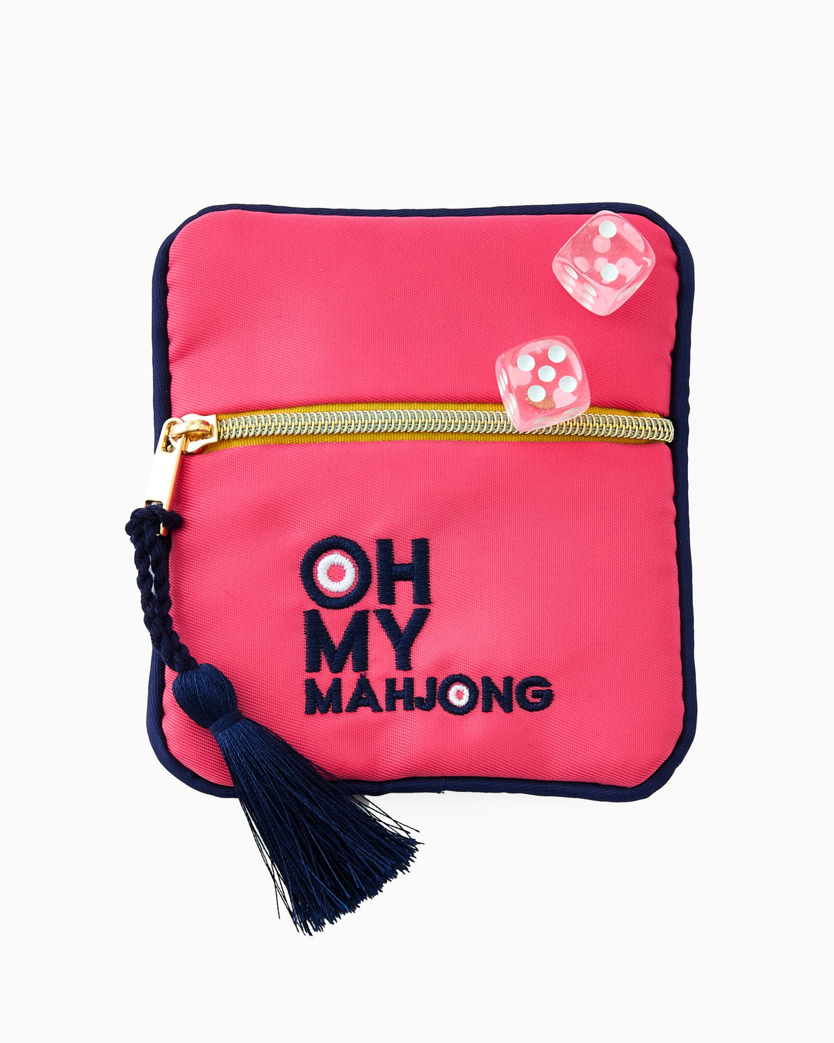 Pink case with 'OH MY MAHJONG' text and dice design on a white background