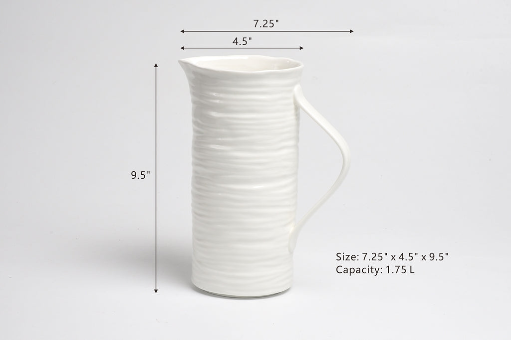 White ceramic pitcher with dimensions and capacity details on a gray background