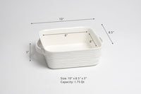 White ceramic baking dish with dimensions and capacity details on a gray background