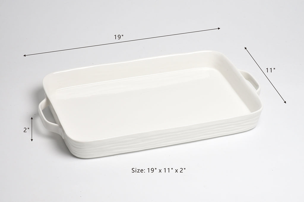 White rectangular ceramic dish with dimensions labeled on a light gray background
