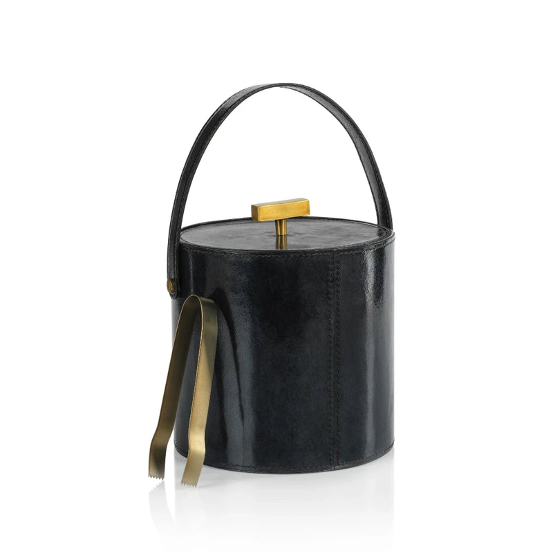 Savoy Midnight Blue Leather Ice Bucket with Gold Metal Ice Tong
