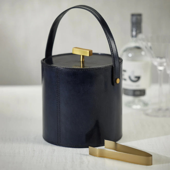 Savoy Midnight Blue Leather Ice Bucket with Gold Metal Ice Tong