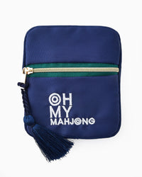 Blue Mahjong bag shown flat with tassel detail.