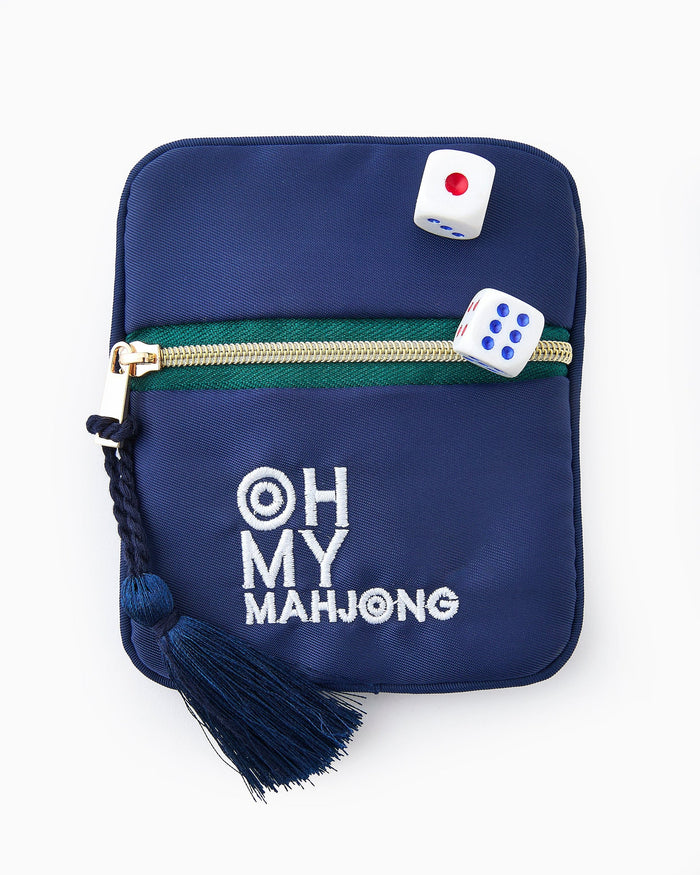 Blue Mahjong coin and dice bag with embroidered "Oh My Mahjong" logo, zipper, and tassel.