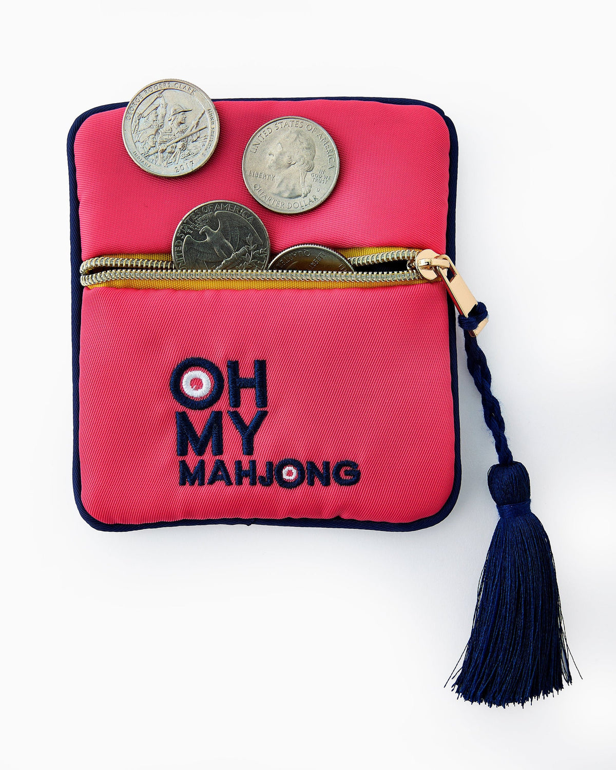 Pink coin purse with 'OH MY MAHJONG' text and coins on a white background
