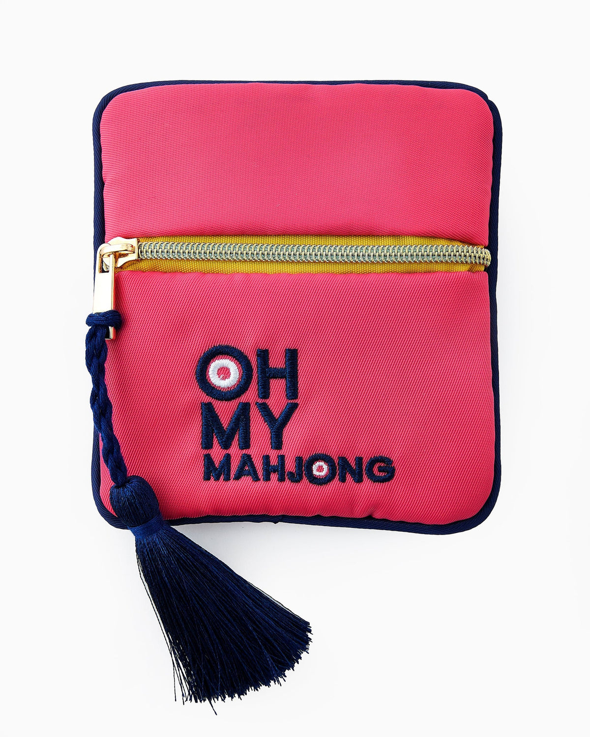 Pink pouch with 'OH MY MAHJONG' text and tassel on a white background