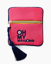 Pink pouch with 'OH MY MAHJONG' text and tassel on a white background