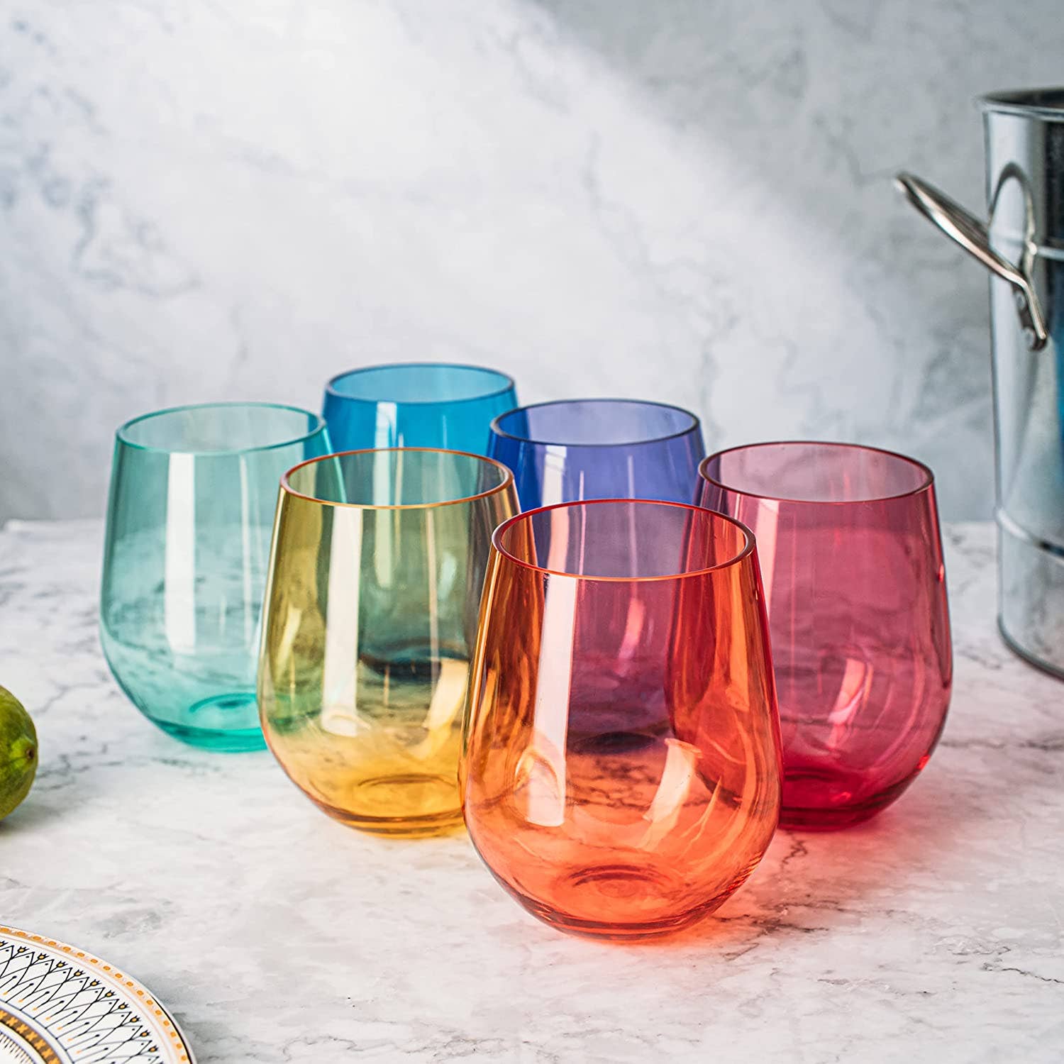 Unbreakable Colored Stemless Wine Glasses S/6 Stemless Wine Glasses