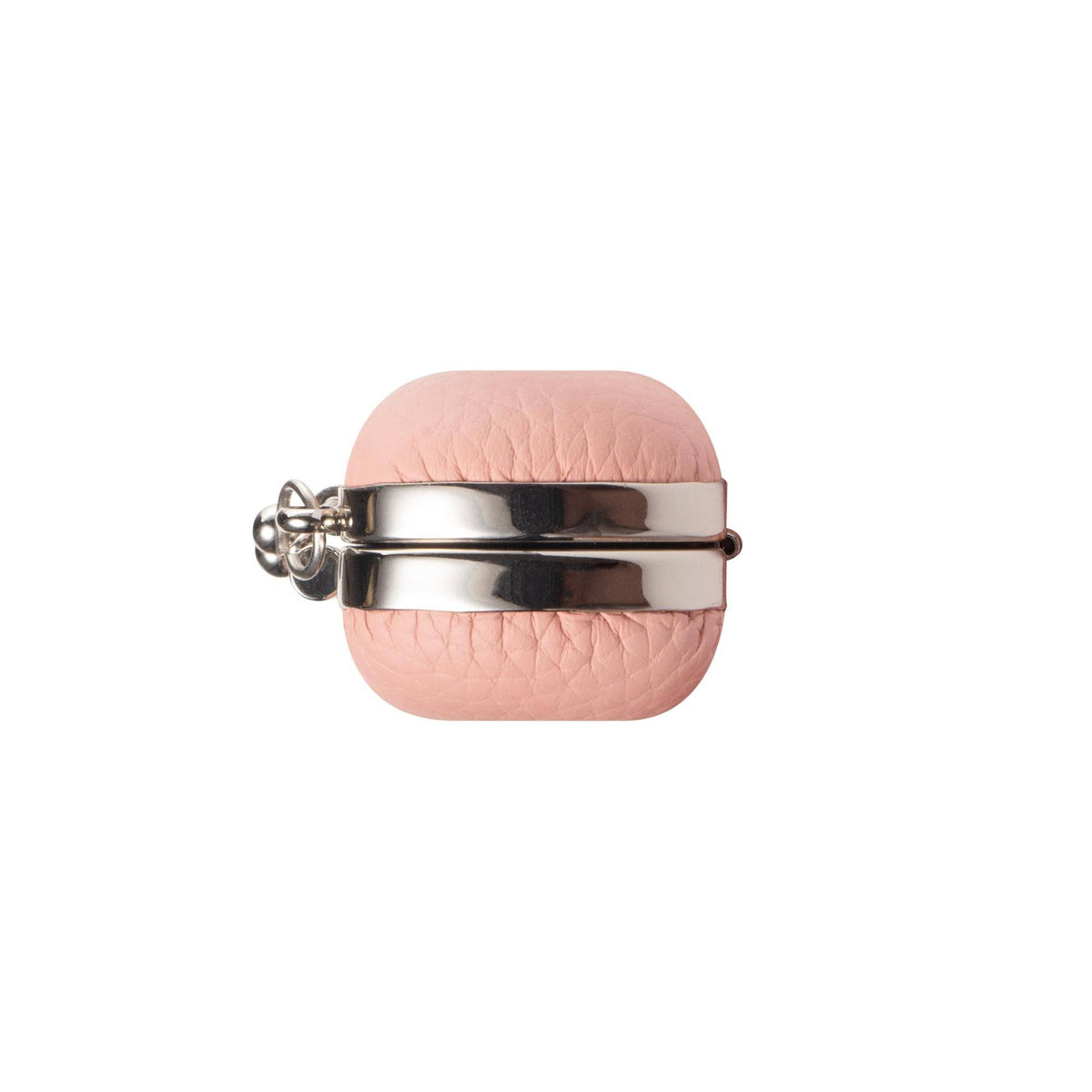 A light pink textured leather AirPods case with a polished silver metal band and a small silver keychain ring, shown on a solid white background.