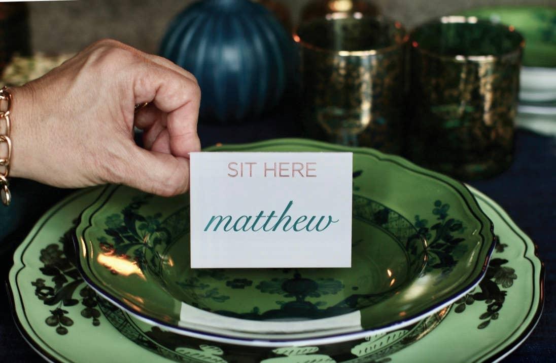 Place Card Set: Metallic SIT HERE Silver Place Card Set