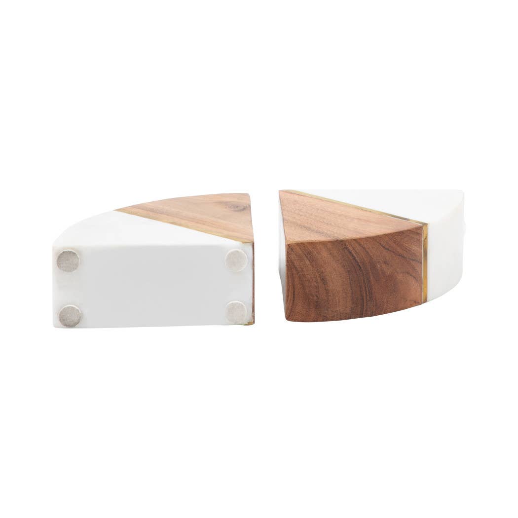 White Marble Wood and Brass Bookends S/2