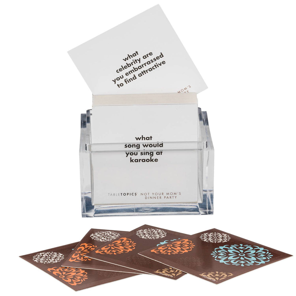 Clear glass box with question cards on a white background