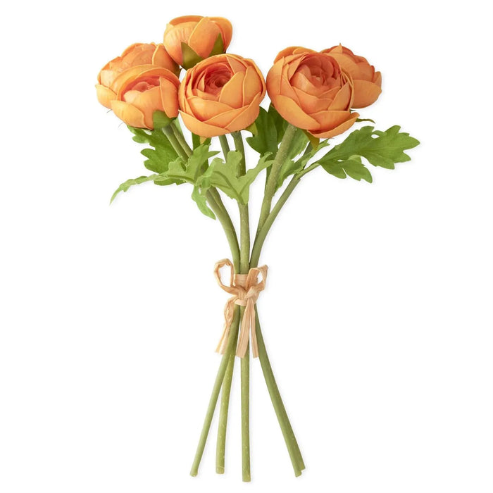 Bouquet of orange 10.75" swirling Yellow  Ranunculus (6 Stem) Decor flowers with green stems on a white background
