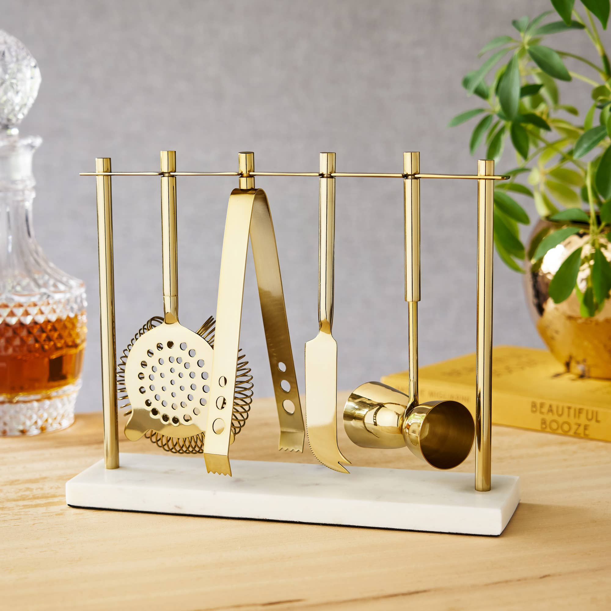 Gold Plated Stainless Steel Bar Tool Set with Marble Stand