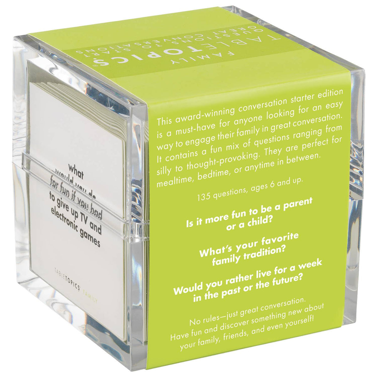 Green cube with clear sides containing conversation starter questions on a white background