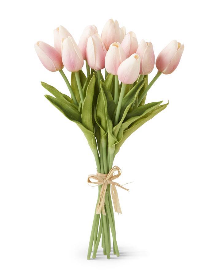 Bouquet of pink tulips with a beige ribbon on a white background