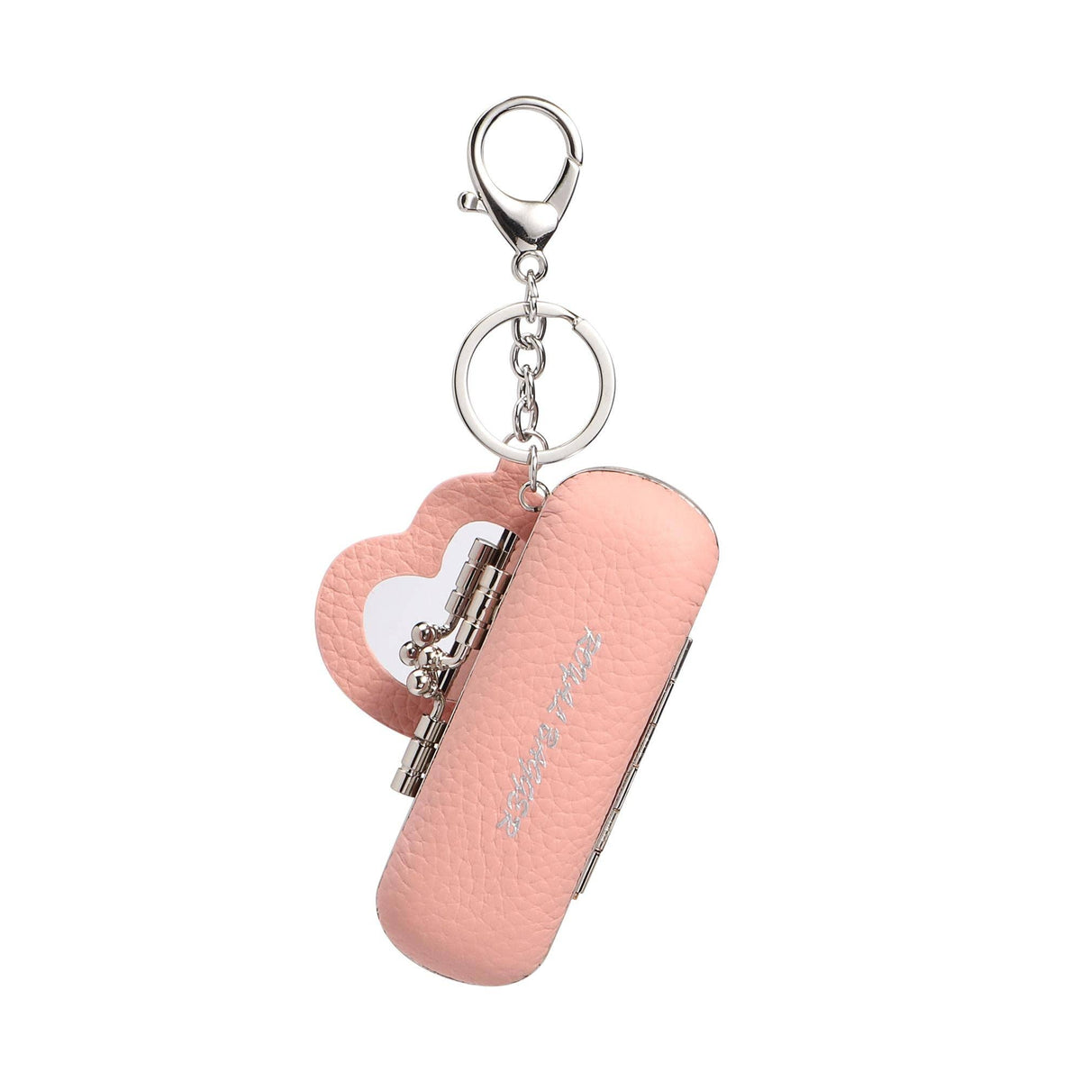 A pink textured leather keychain case with a heart-shaped charm and silver-tone metal hardware, shown on a plain white background.