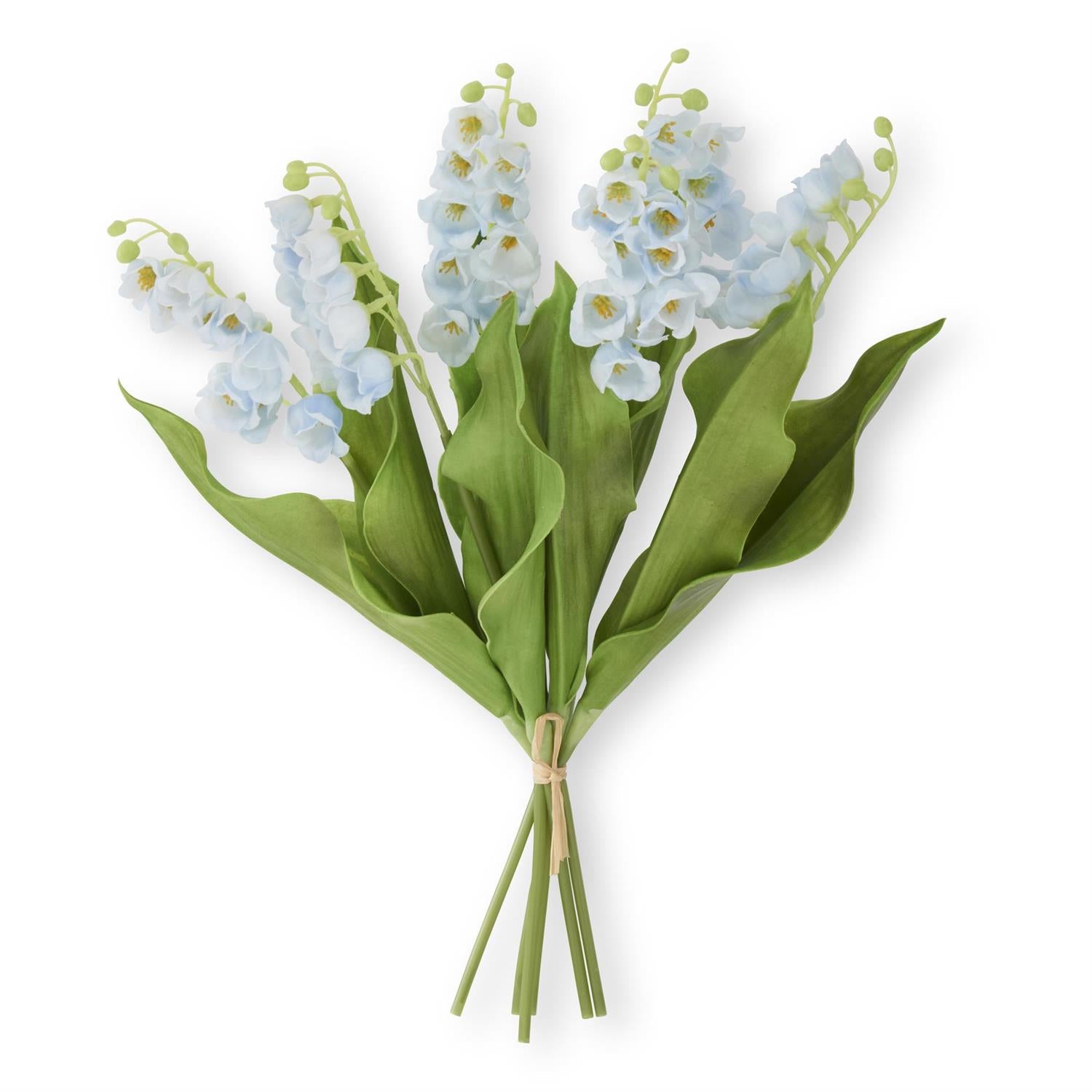 Bouquet of 15 inch blue real touch lily of the valley bundle with nodding bell blooms with green leaves on a white background