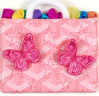 Collectible designer-inspired Petite Goyard Bag art piece, pink embroidery with butterflies, signed and framed in acrylic.