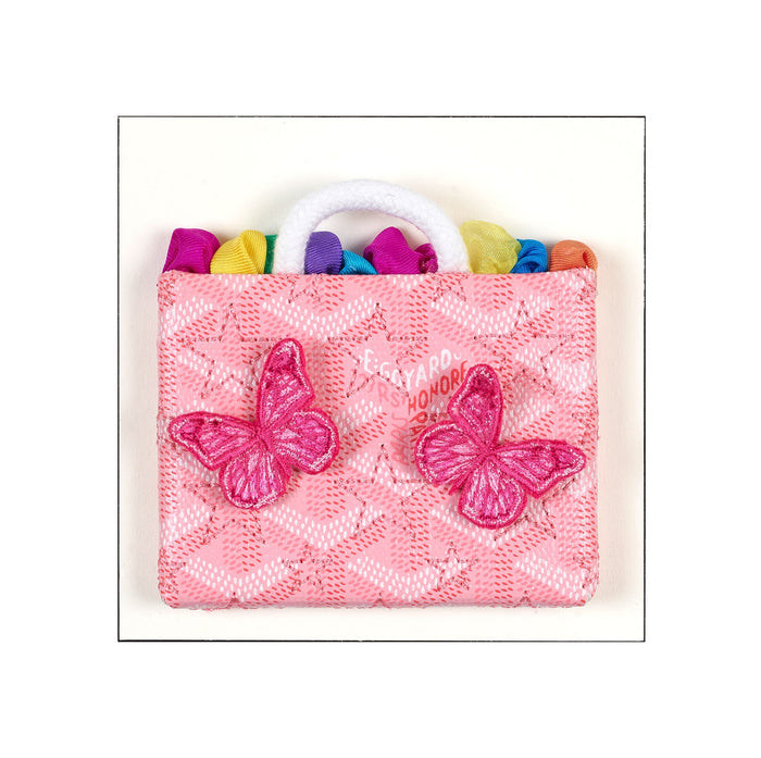 Petite Goyard Bag 5x5 framed in acrylic, pink designer-inspired miniature bag with embroidered butterflies and luxury scarf details.