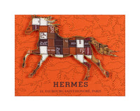 Designer-inspired Hermes collectible artwork featuring embroidered horse motif on orange box, framed in acrylic.