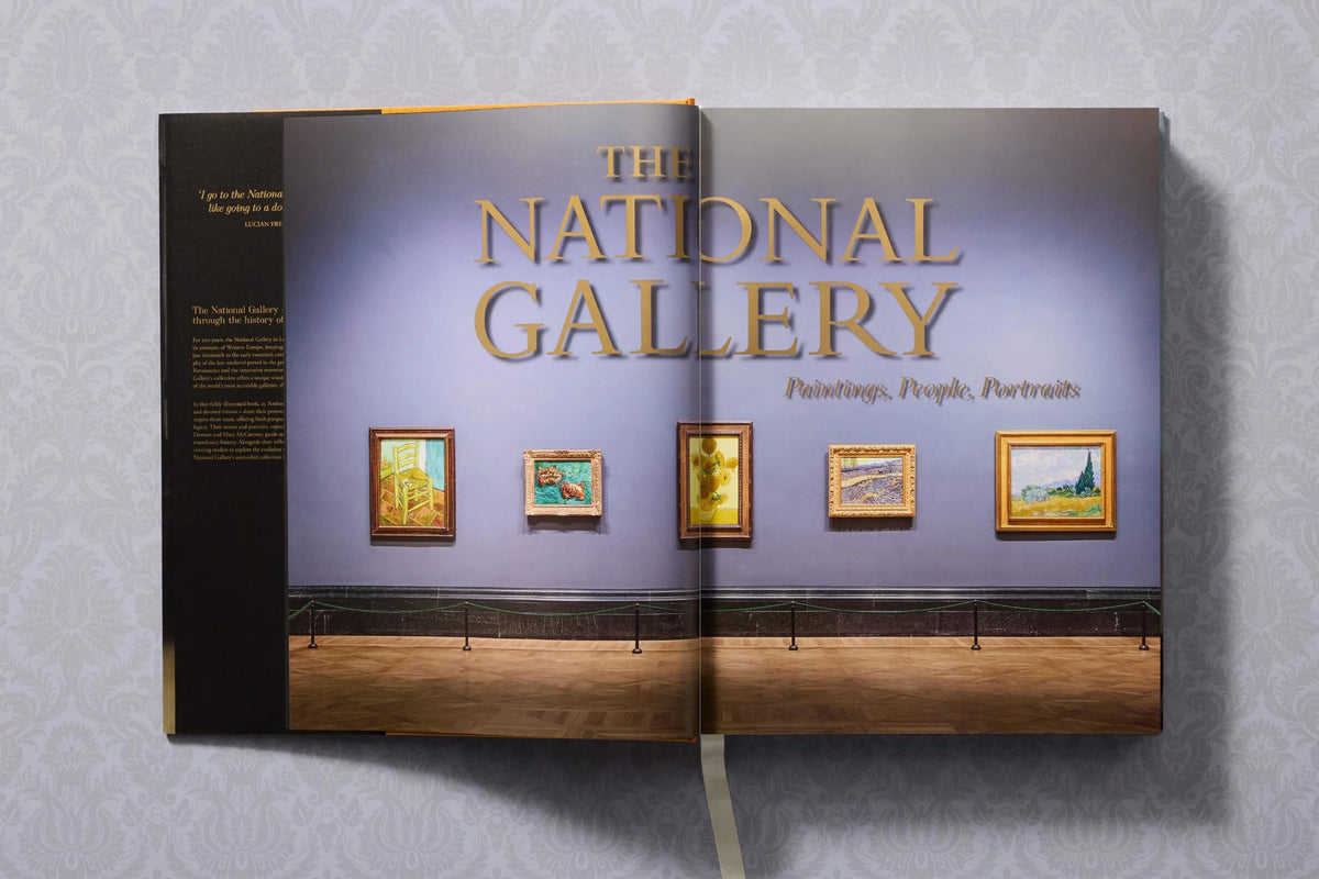 Open National Gallery art book displaying paintings and museum photography.