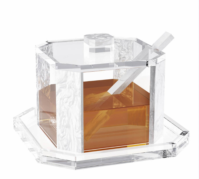 Hectegon Pearly white honey dish and tray w/ spoon