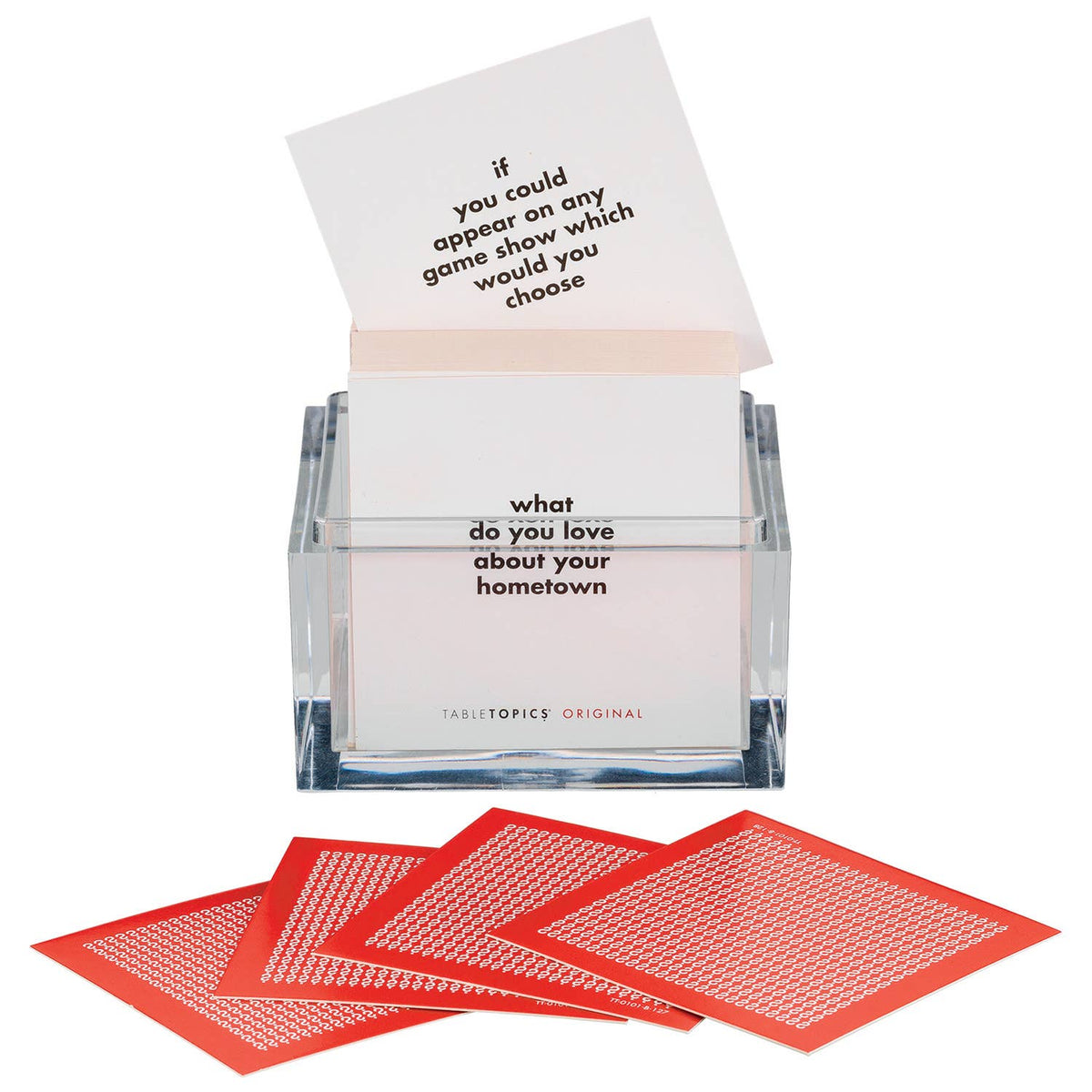Card game set with question cards and a clear container on a white background