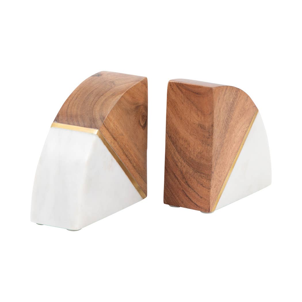 White Marble Wood and Brass Bookends S/2