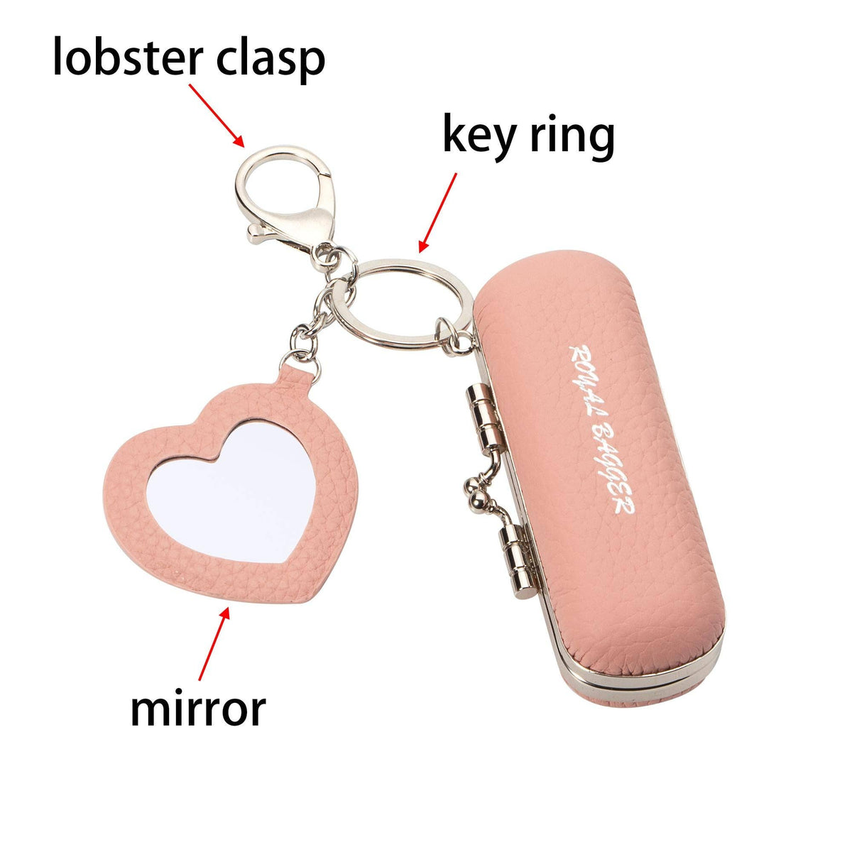 Pink faux-leather keychain case with a lobster clasp, key ring, and heart-shaped mirror, labeled with text pointers on a white background.