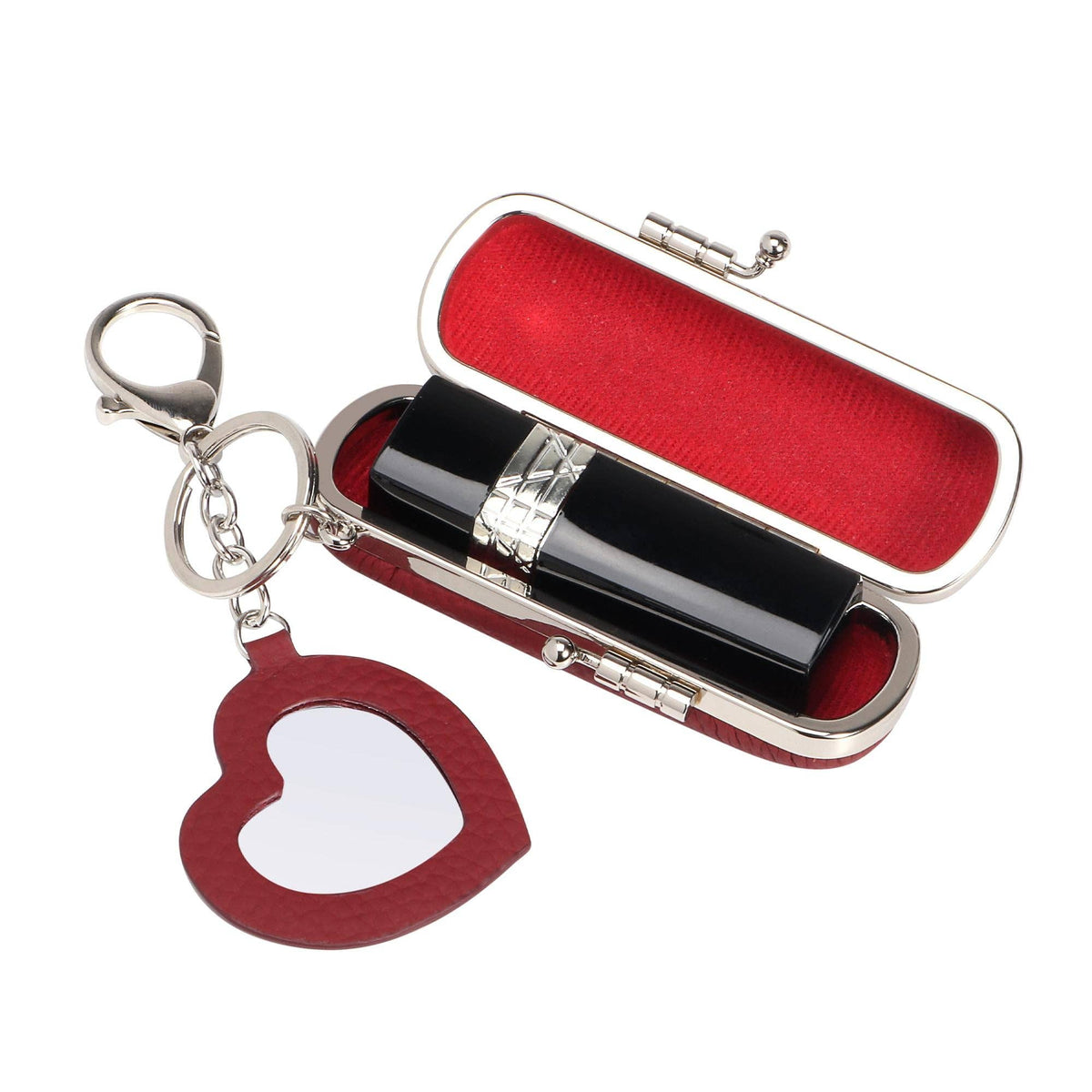 A red heart-shaped keychain mirror attached to a silver clasp, shown next to an open red velvet lipstick case with a black lipstick inside, on a white background.