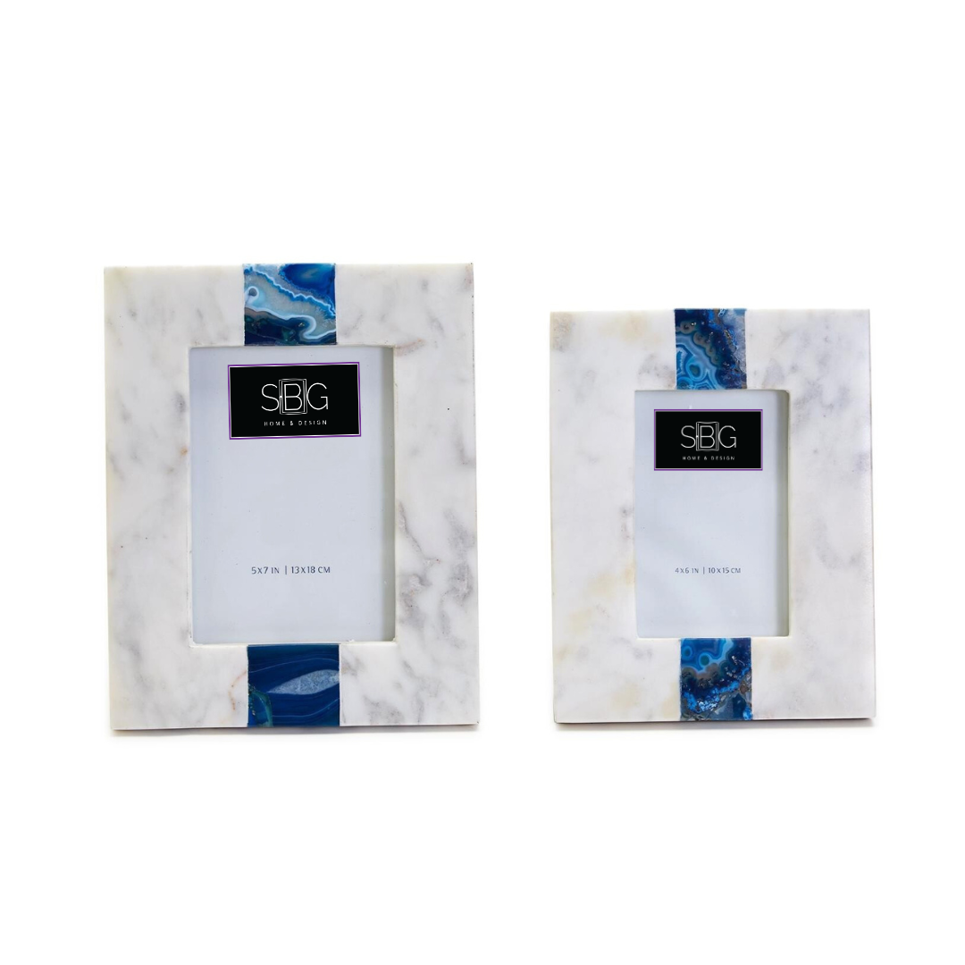 White Marble W/ Blue Agate Inlay Photo Frame