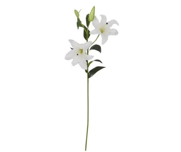 Artificial lily stem with white flowers on a white background