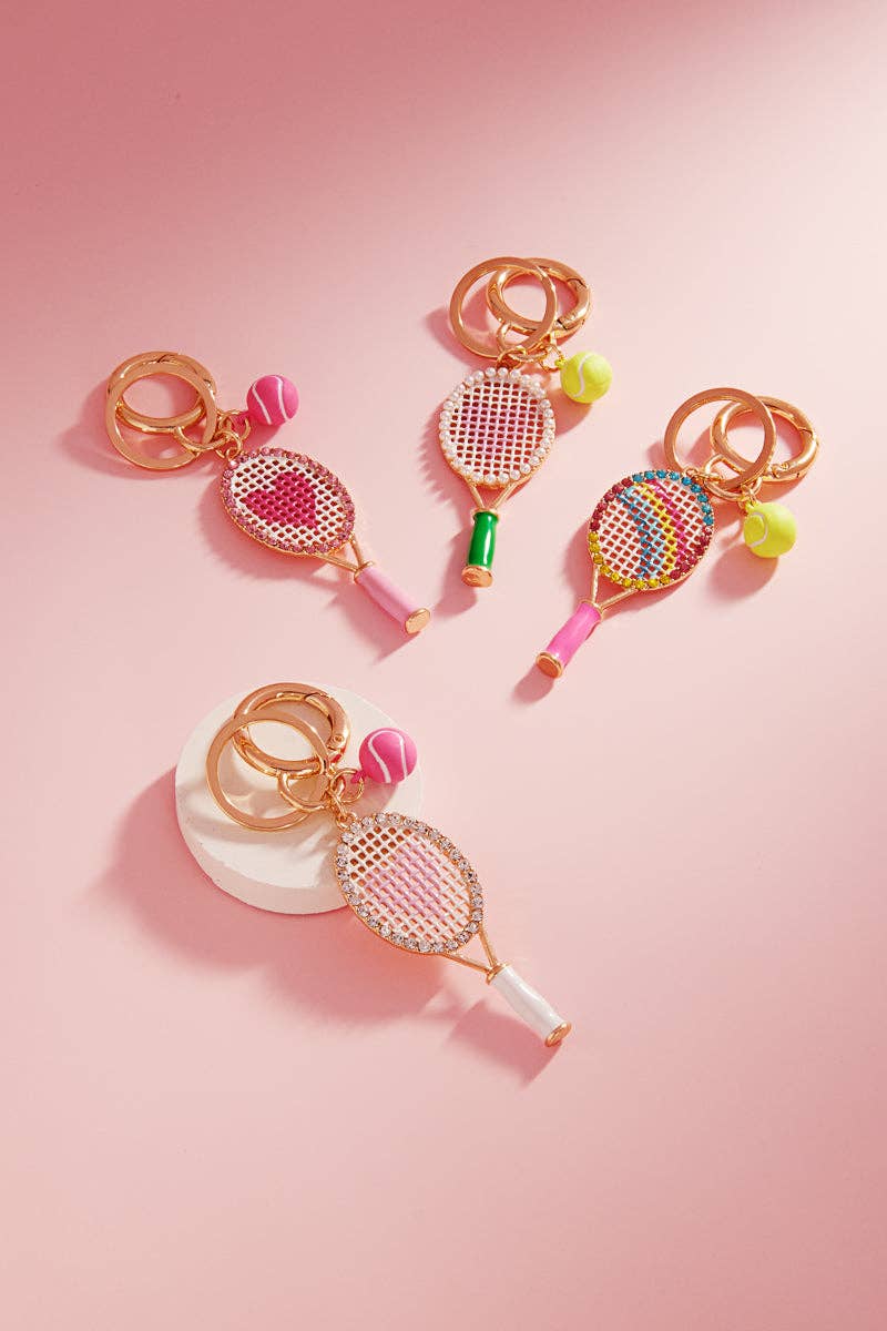 Sports Tennis Racket Enamel W Rhinestones Keychain