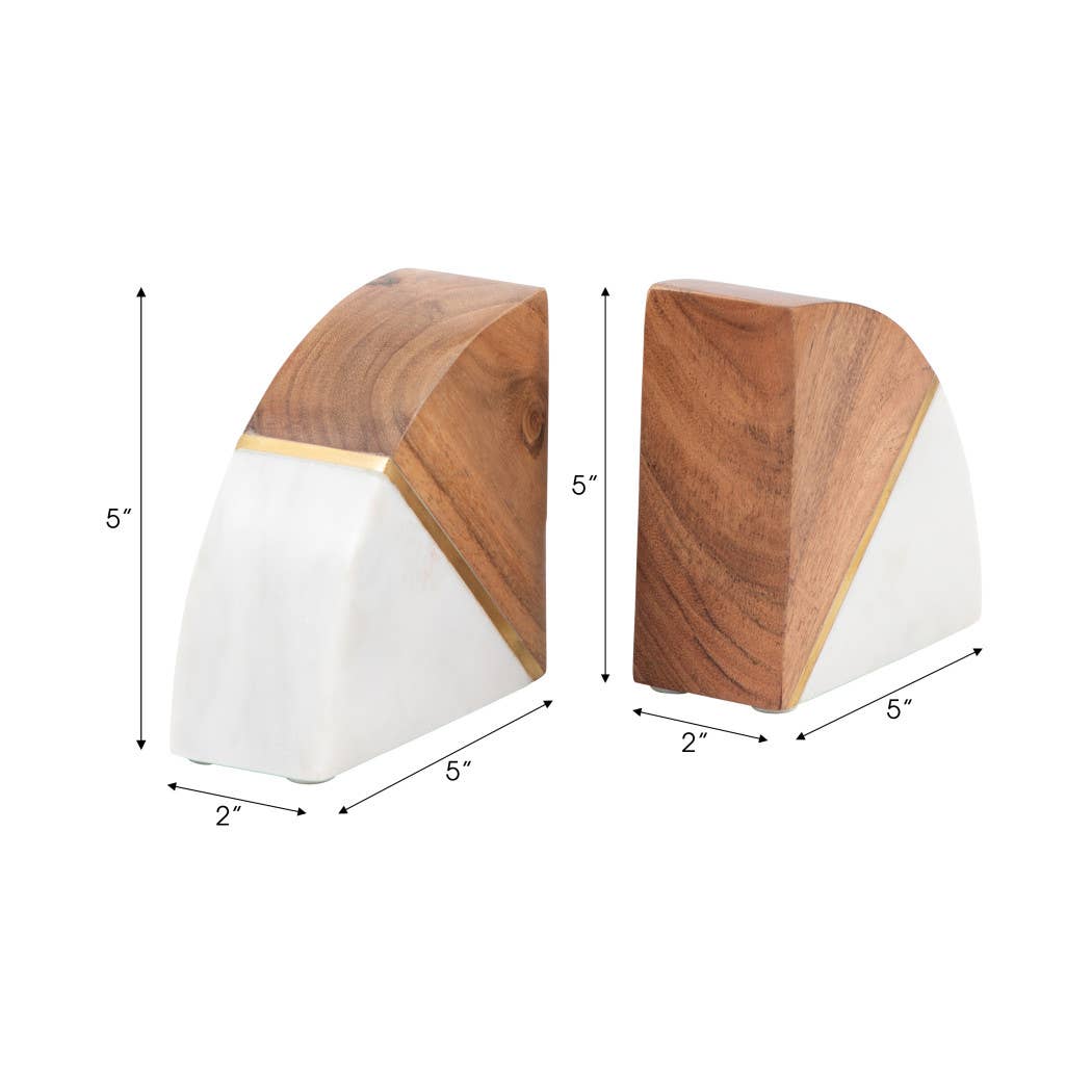 White Marble Wood and Brass Bookends S/2
