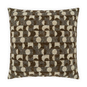 A square throw pillow featuring a textured geometric pattern of interlocking arches and circles in dark brown and warm beige.