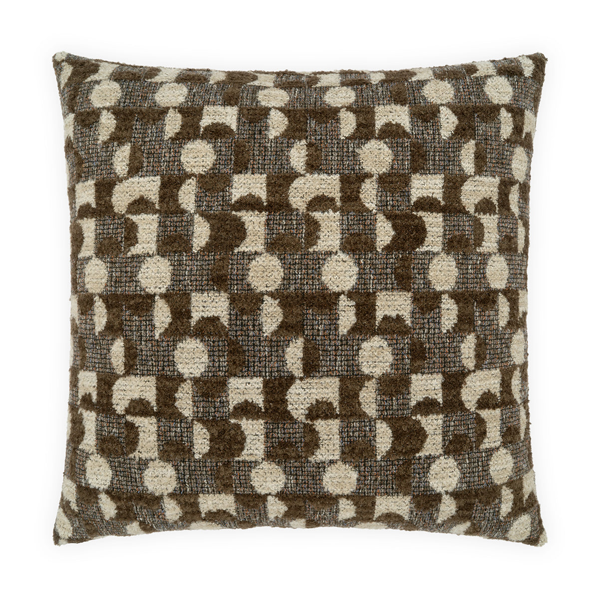 A square throw pillow featuring a textured geometric pattern of interlocking arches and circles in dark brown and warm beige.