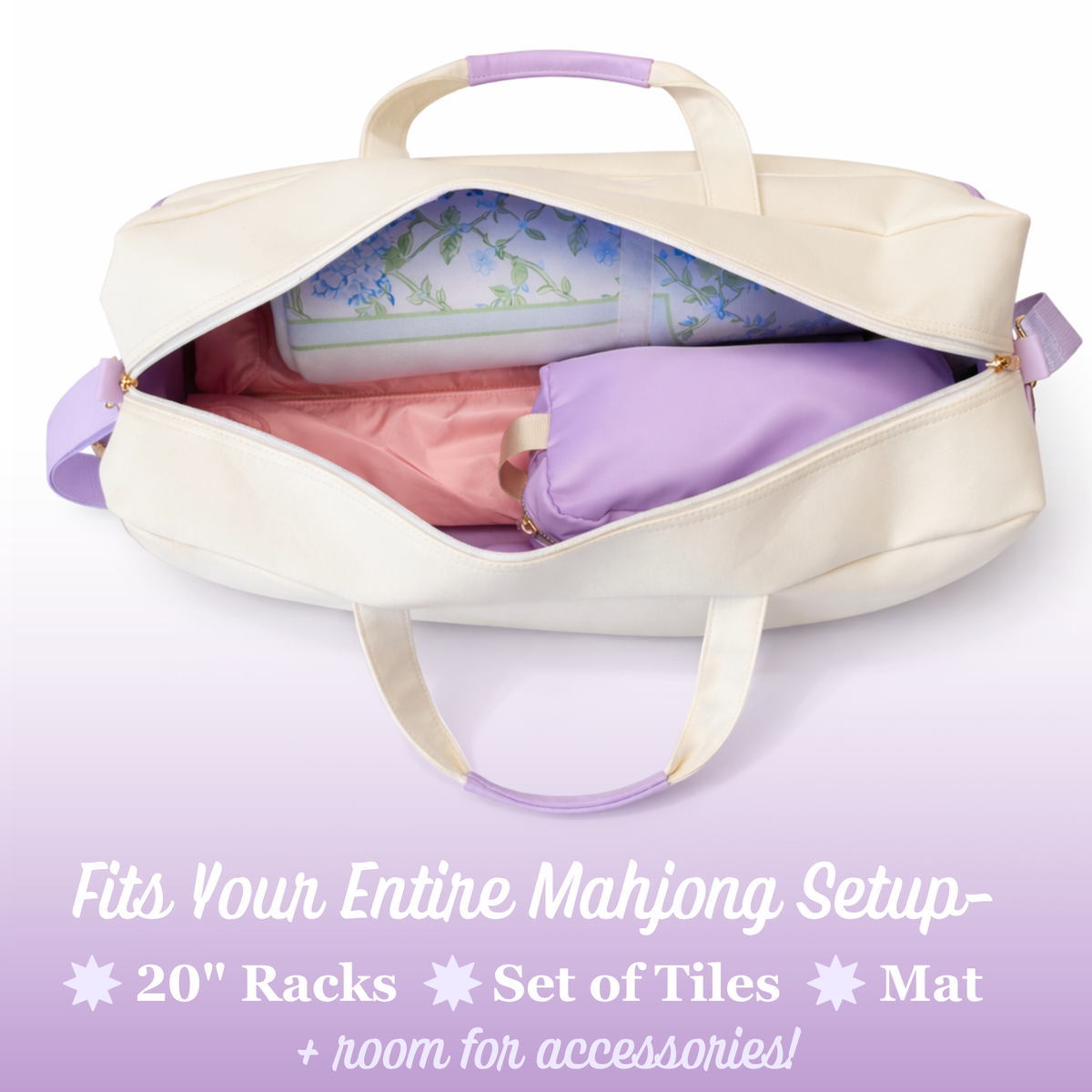 Beige tote bag with purple accents containing a mahjong setup on a light purple background