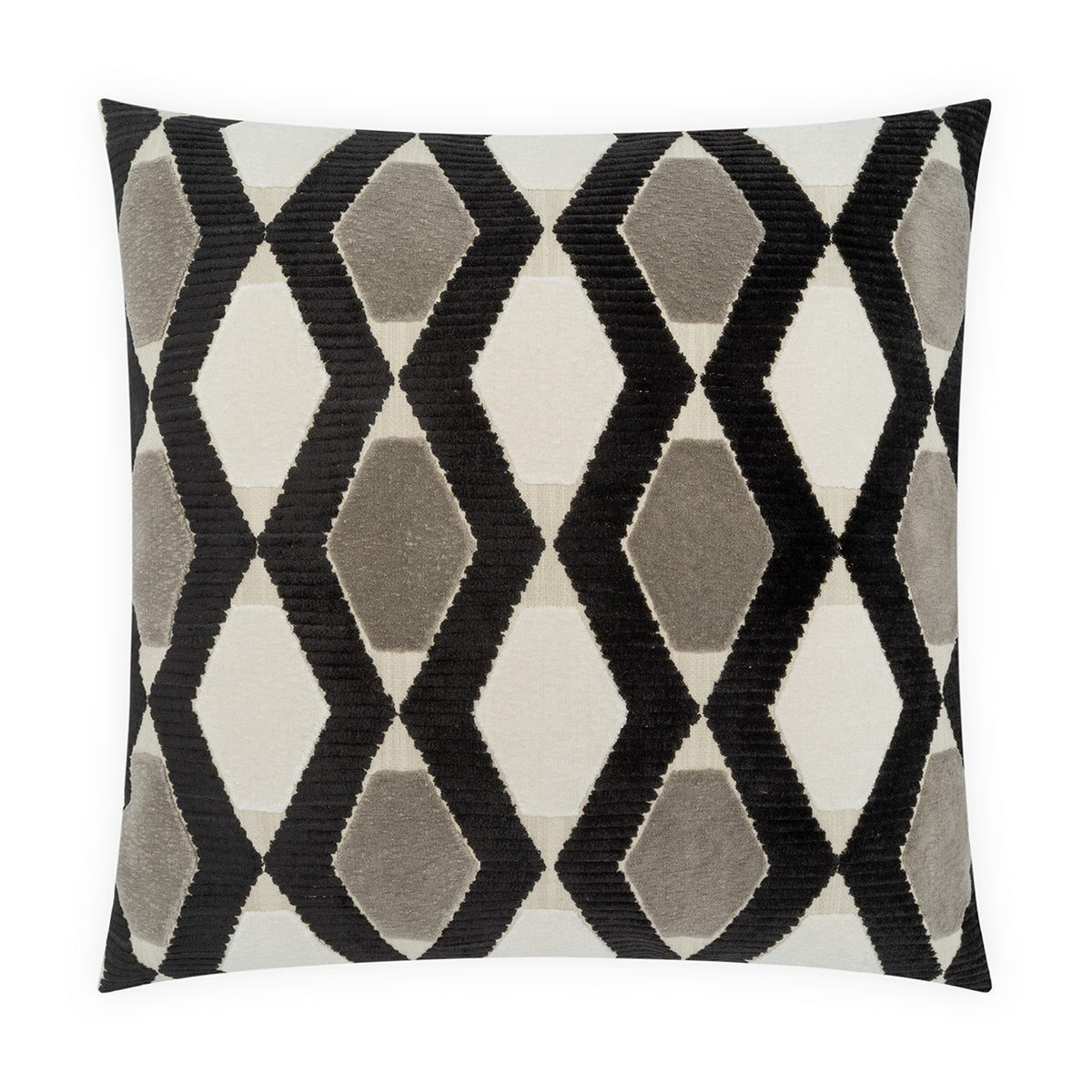 A square throw pillow featuring a geometric diamond pattern in black, gray, and off-white, with a textured ribbed fabric.