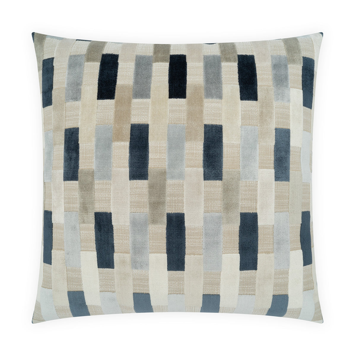 A square throw pillow featuring a woven geometric pattern of vertical stripes in beige, navy, gray, and light blue on a white background.