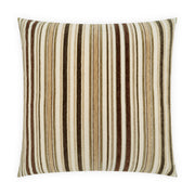 A square throw pillow featuring a vertical striped pattern in shades of brown, beige, and cream, set against a plain white background.