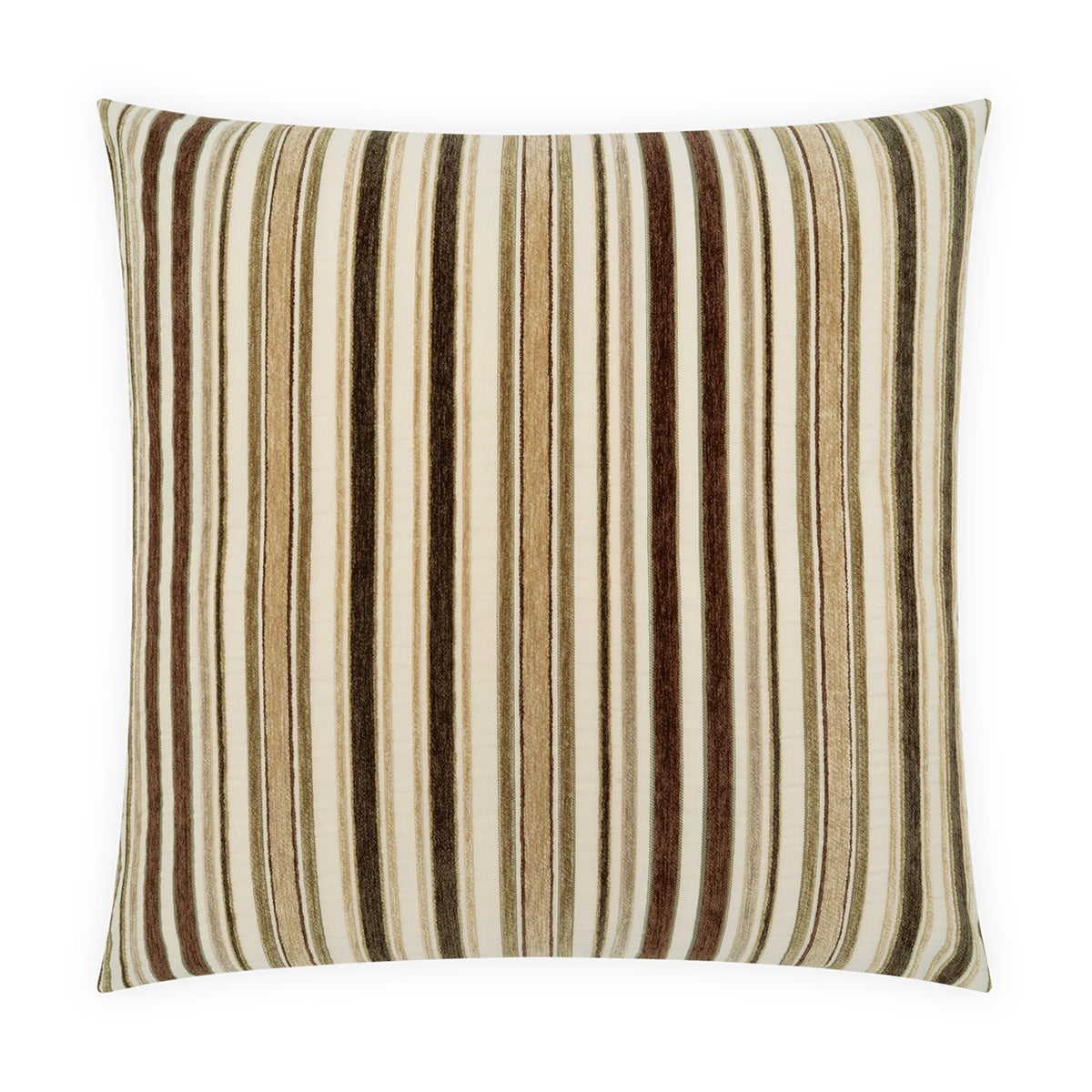 A square throw pillow featuring a vertical striped pattern in shades of brown, beige, and cream, set against a plain white background.