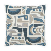 A square throw pillow featuring an abstract geometric pattern in shades of blue, gray, and beige on an off-white background.