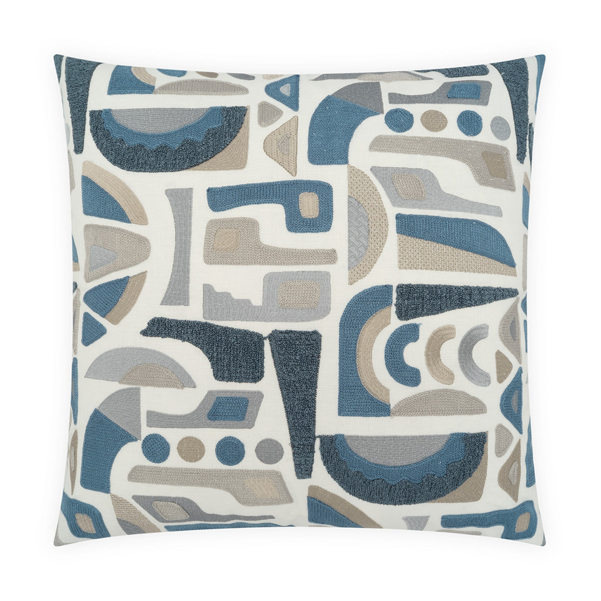 A square throw pillow featuring an abstract geometric pattern in shades of blue, gray, and beige on an off-white background.