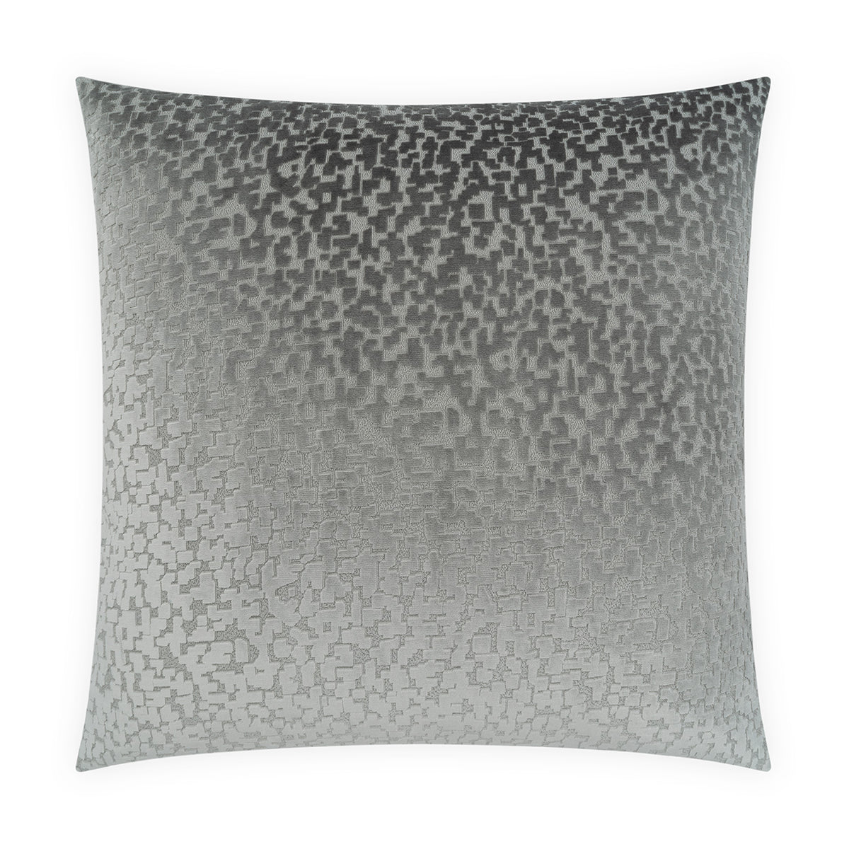 A square throw pillow featuring a textured, metallic silver and gray gradient pattern with a subtle geometric block design.
