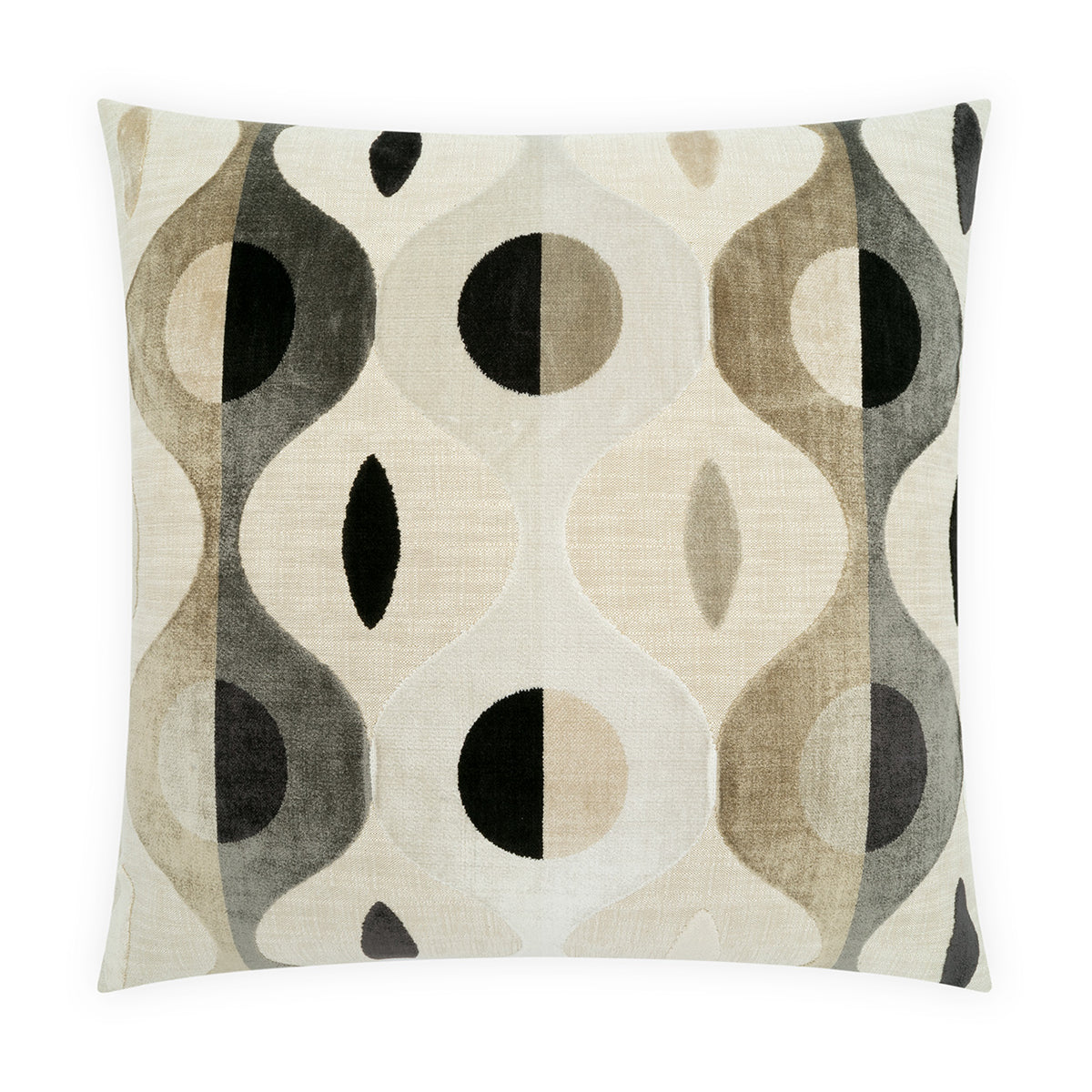 A square throw pillow featuring a mid-century modern abstract pattern with wavy vertical bands and half-circles in beige, taupe, gray, and black on a white background.