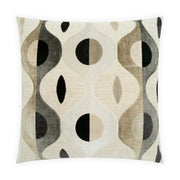A square throw pillow featuring a mid-century modern abstract pattern with wavy vertical bands and half-circles in beige, taupe, gray, and black on a white background.