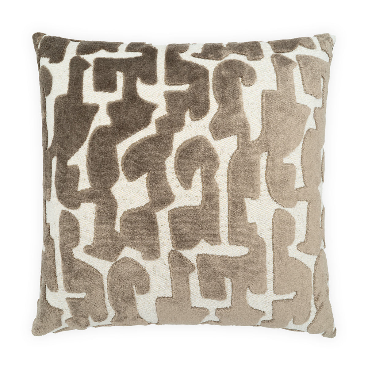 A square throw pillow featuring an abstract, organic pattern in taupe brown and cream on a plush velvet-like fabric, shown against a plain white background.