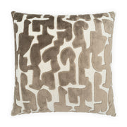A square throw pillow featuring an abstract, organic pattern in taupe brown and cream on a plush velvet-like fabric, shown against a plain white background.