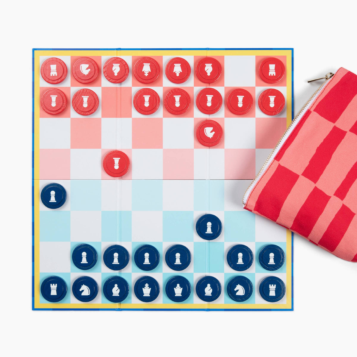 Checkers board with red and blue pieces on a white background